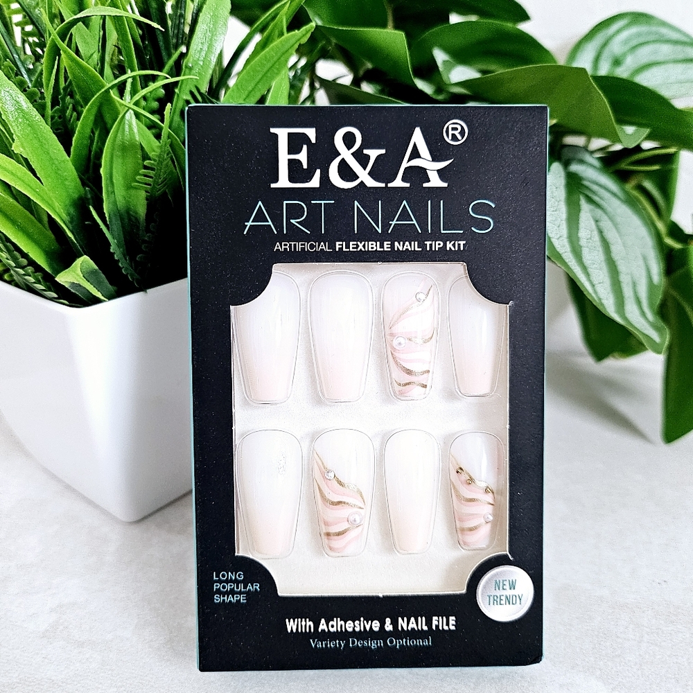 🆕️Press On Nails DIY Long Nail Kit White Peach Pearl Art Designs